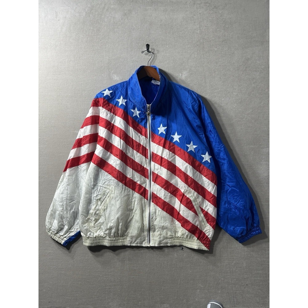 Vintage TSA Athletic USA American Flag Stars Nylon Windbreaker Jacket Zip Large